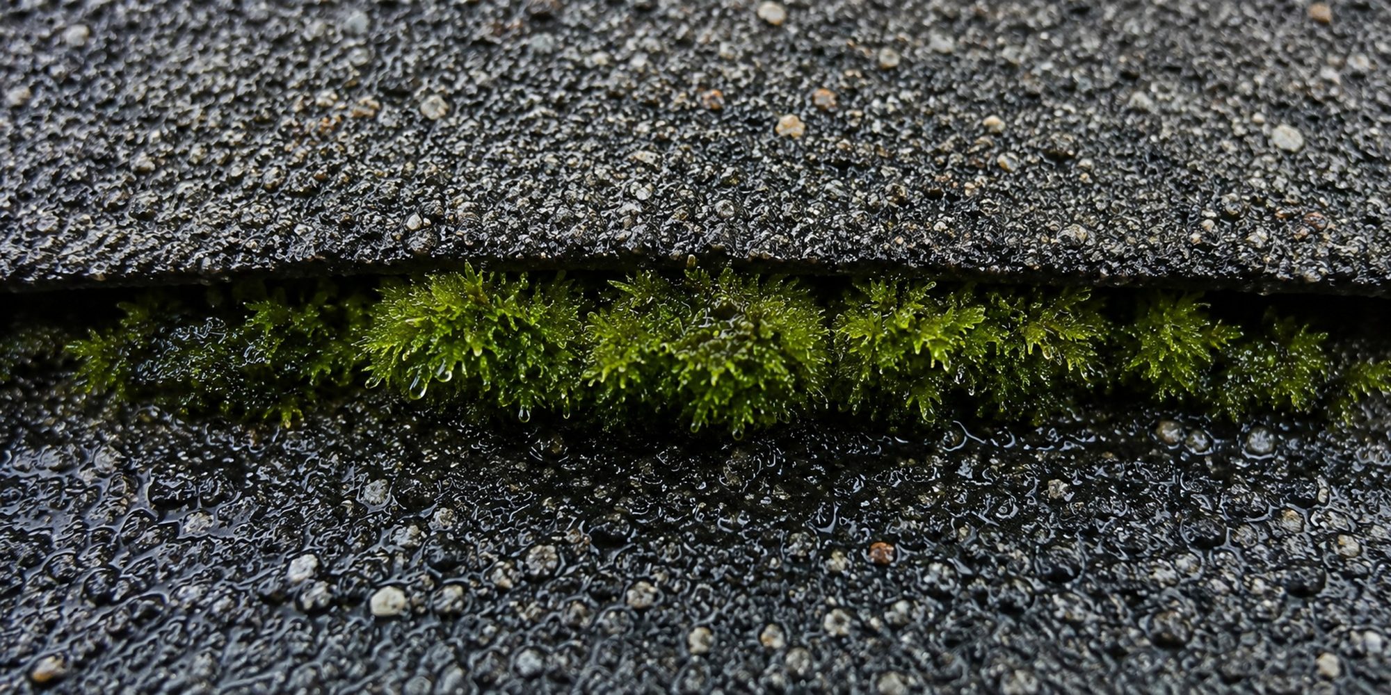Extreme close-up of moss packed into the gap between two courses of wet asphalt shingle, water beaded on the fronds, individual mineral granules visible